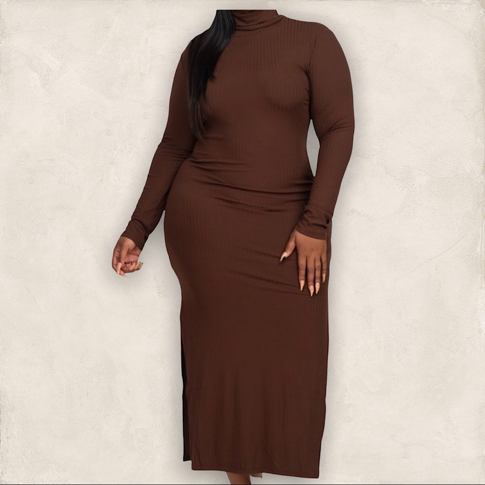 Plus Size CoffeeTurtle Neck High Slit Maxi Dress